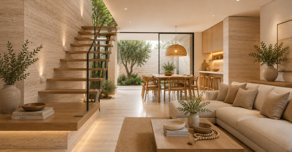 Travertino Navona e tons areia transformam esta casa