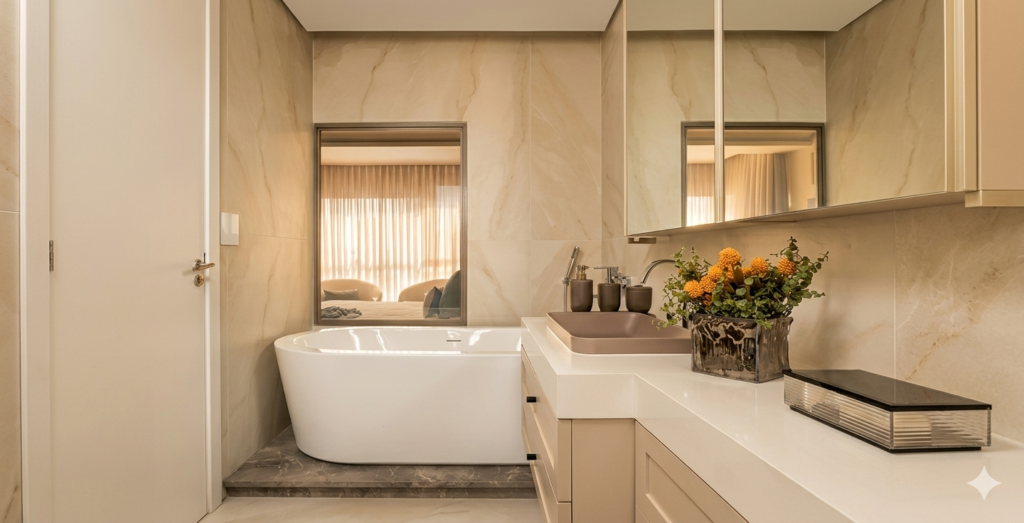 Apartamento elegante aposta em suite com banheira