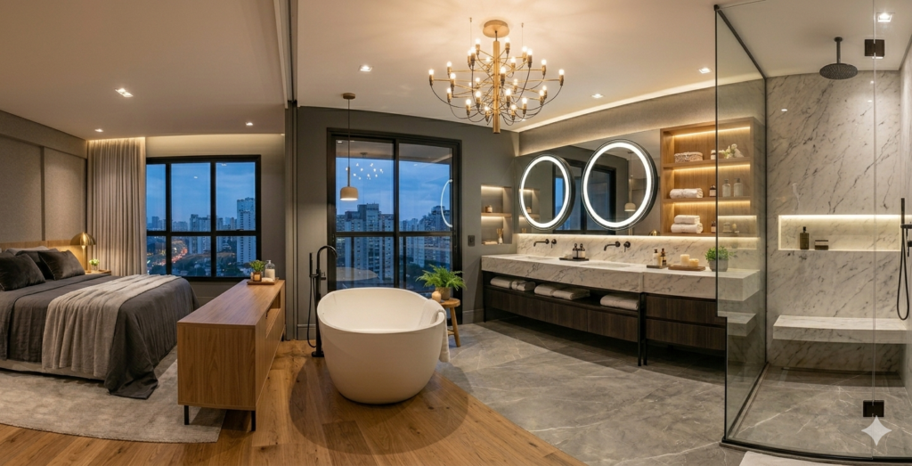 Apartamento elegante aposta em suite com banheira