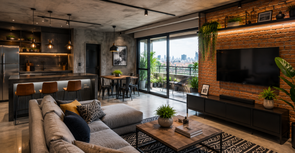 Cimento queimado e tijolinhos transformam apartamento de 150 m²