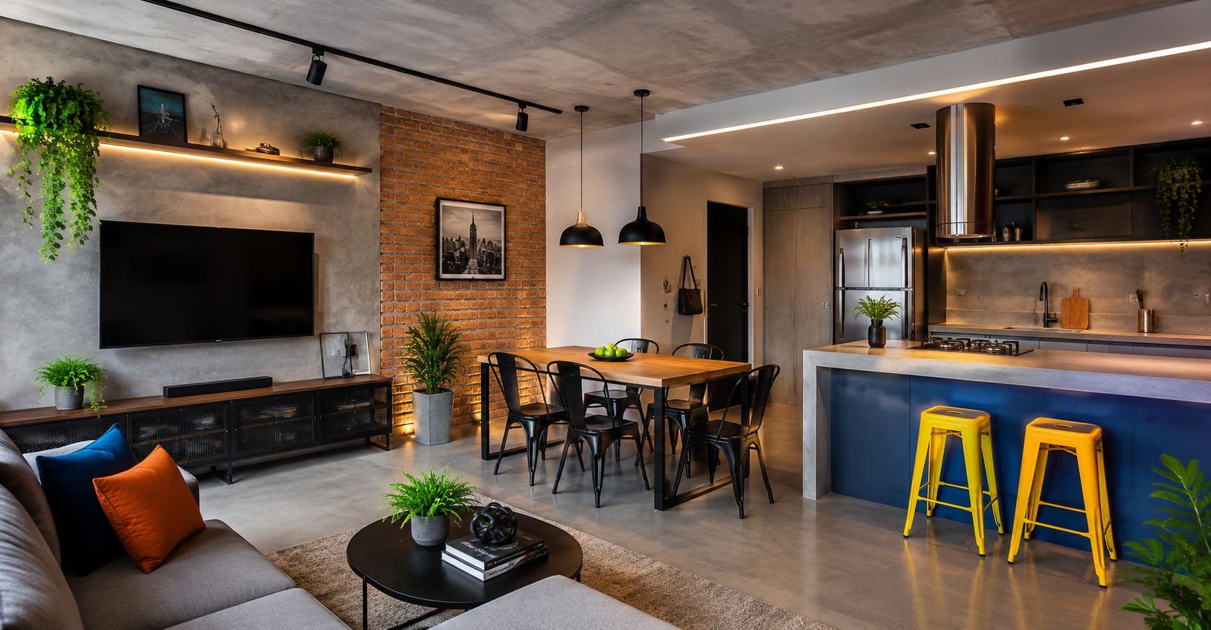 Cimento queimado e tijolinhos transformam apartamento de 150 m²