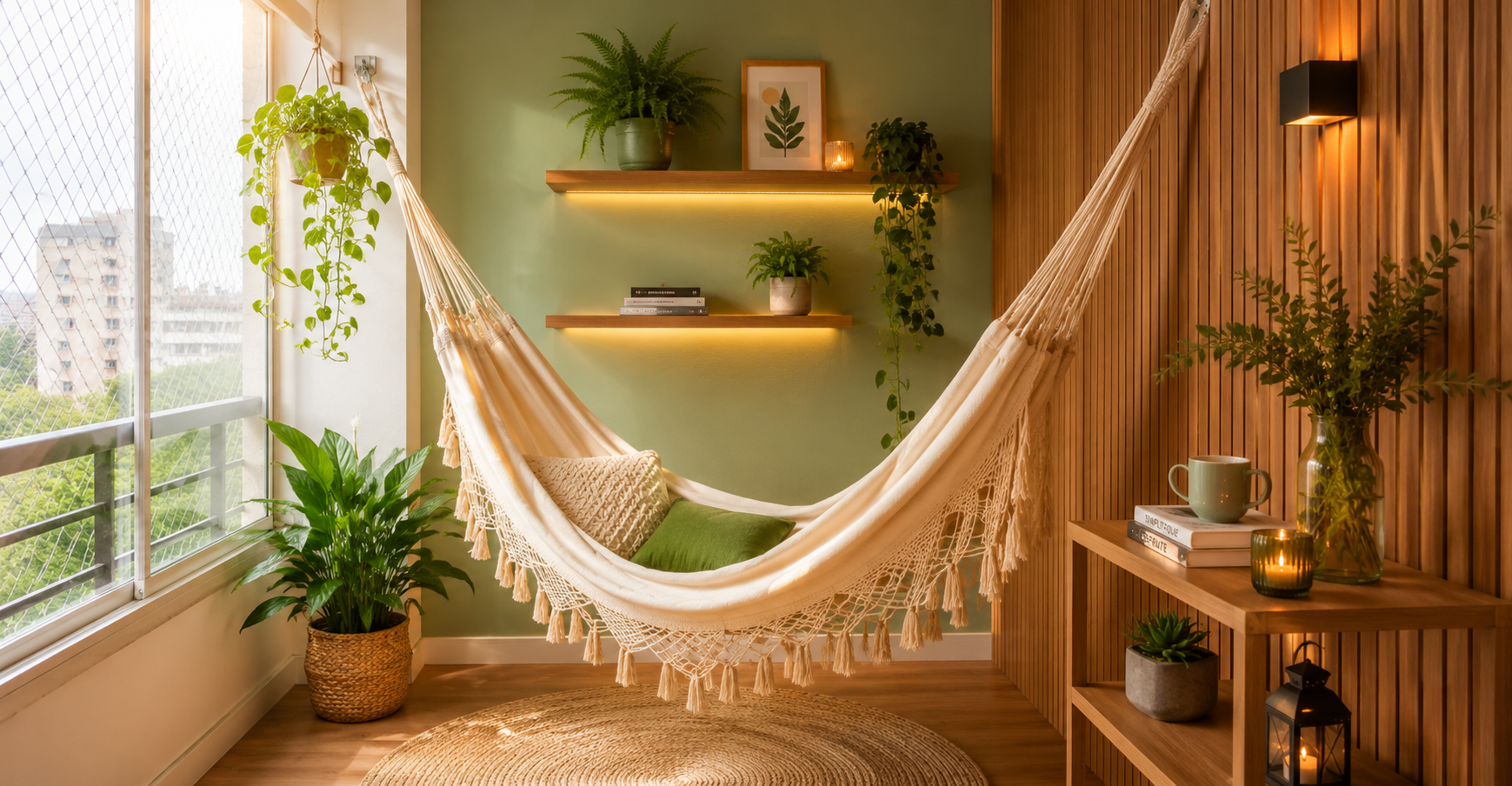 Apartamento de 62 m² ganha varanda com plantas, rede e clima de casa